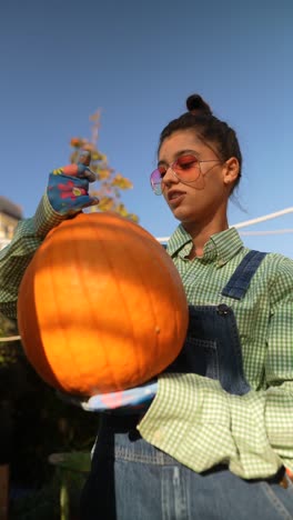 niña con una calabaza en un jardín