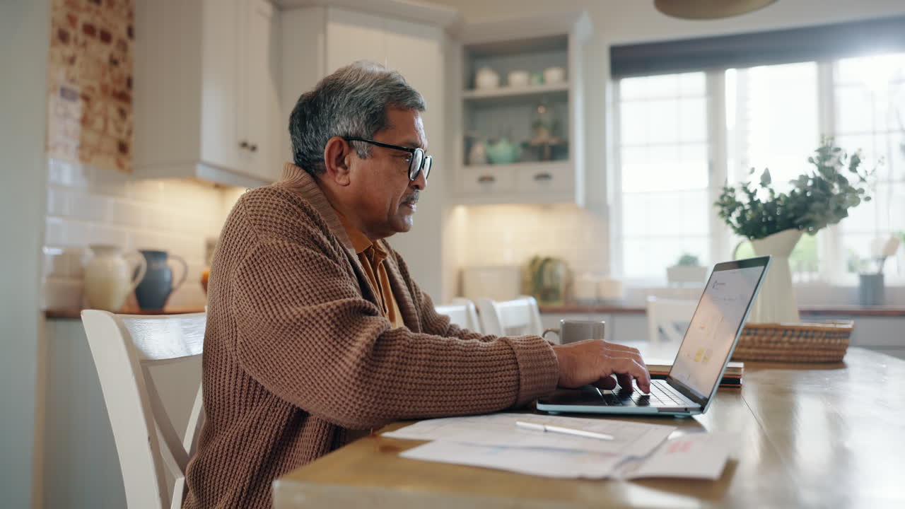 Home, laptop or senior man with documents