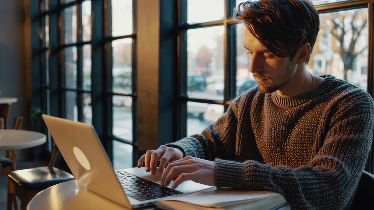 Man Working on Laptop in a Cafe