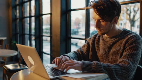 man working on laptop in a cafe
