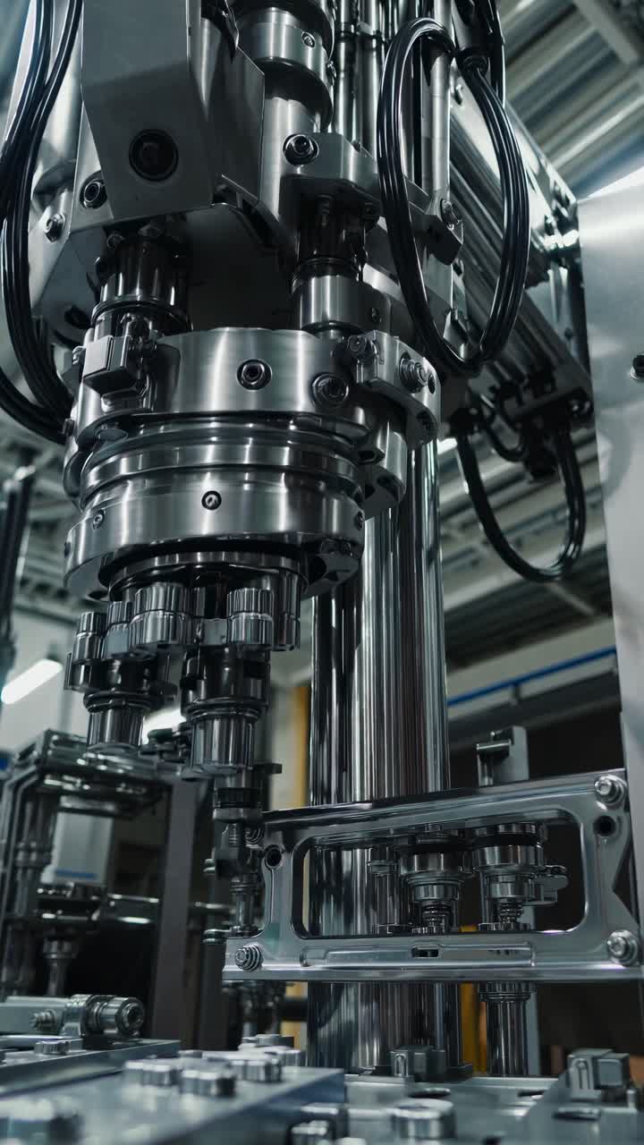 Industrial video showcasing machinery from a low-angle perspective, highlighting the complexity