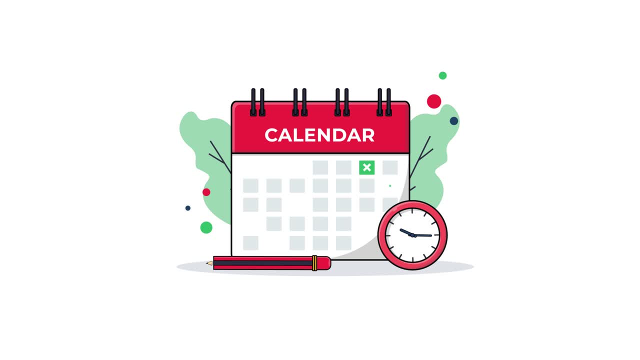 Calendario animato con orologio e segni di spunta per la pianificazione