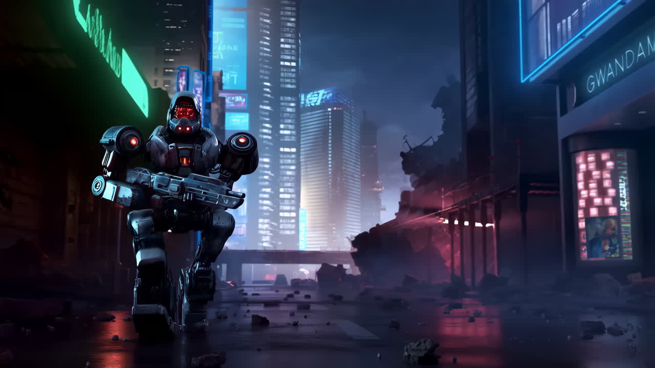 Robot Soldier in a Dystopian Cyberpunk City