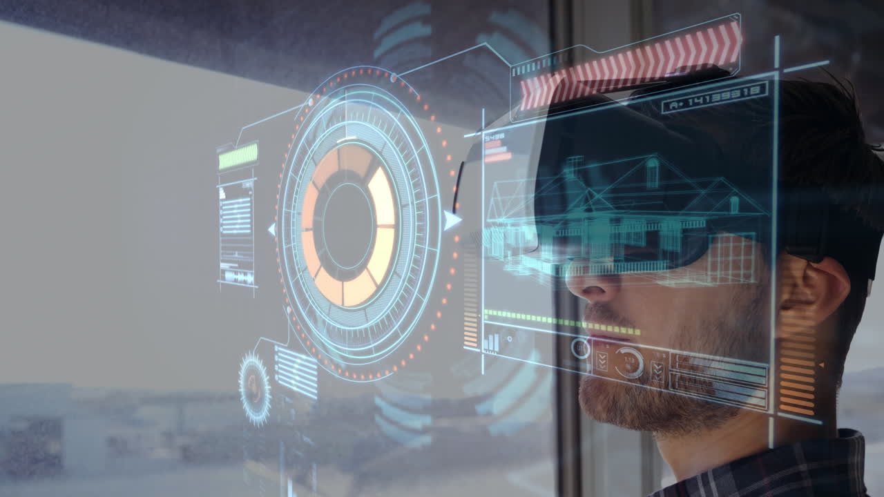 indossando cuffie vr, l'uomo interagisce con un'interfaccia digitale futuristica su progetti architettonici