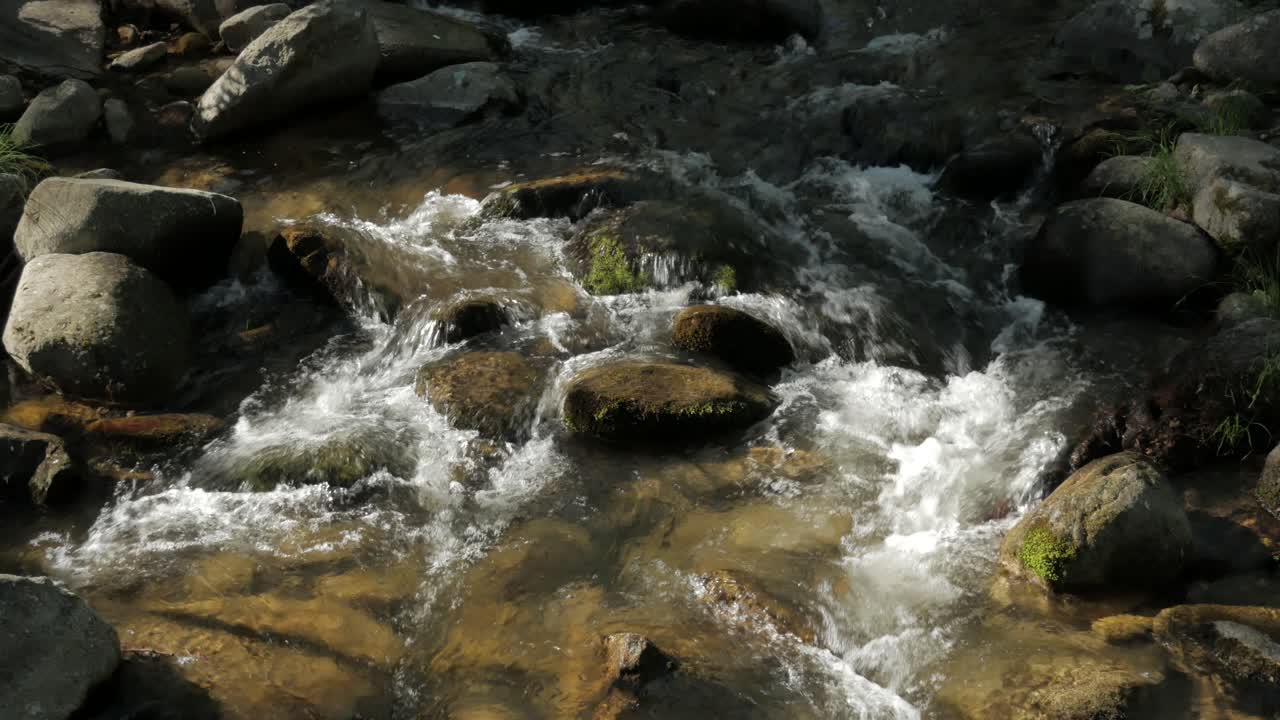 Un primo piano di un fiume roccioso con schiuma