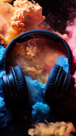 a pair of headphones is in the middle of a colorful explosion. the headphones are black and red, and they are surrounded by a cloud of colorful powder. concept of excitement and energy