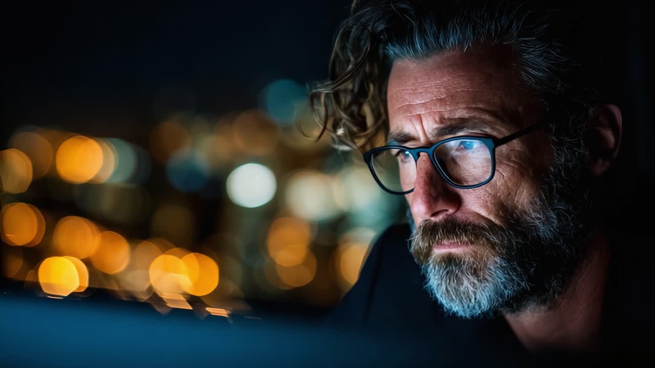Focused Professional Analyzing Data in a Nighttime Setting with City Lights in Background, Capturing the Essence of Modern Work Life Through Intense Concentration