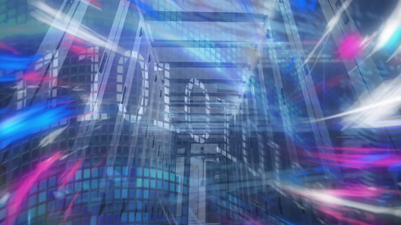 Animation of data processing over grid and womans blue shape