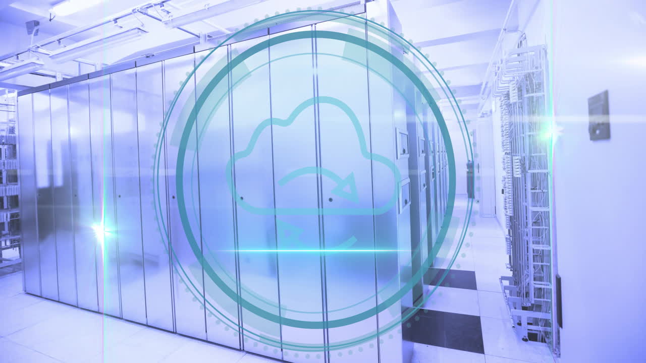 Cloud computing icon animation over modern data center server racks