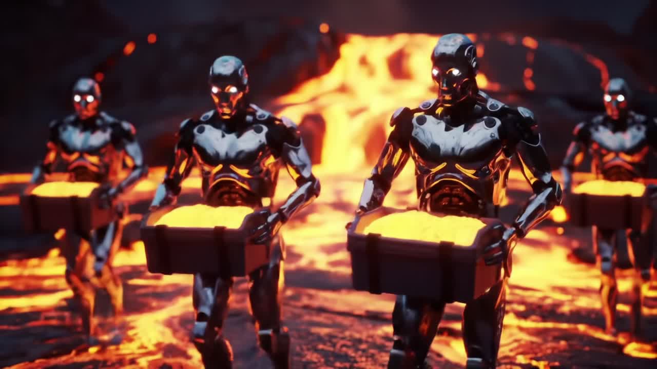 Robotic Collectors Transporting Lava-Covered Crates Amidst an Eruptive Landscape, Showcasing a Blend of Technology and Natural Force in a Futuristic World