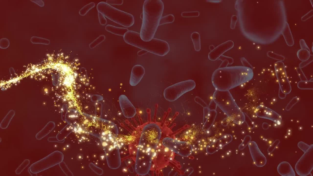 어두운 배경 위에서 움직이는 세포에 빛의 흔적의 애니메이션