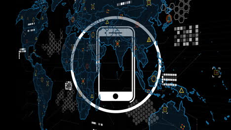 Animación-Del-Icono-Del-Teléfono-Inteligente-Sobre-Procesamiento-De-Datos-Con-Mapa-Mundial-Sobre-Fondo-Negro