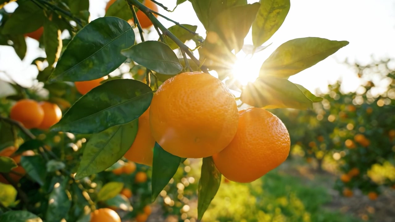 Frutteto rigoglioso: arance radiose pendono su rami verdi e lussureggianti mentre il tramonto dorato illumina un pittoresco paesaggio di agrumi.