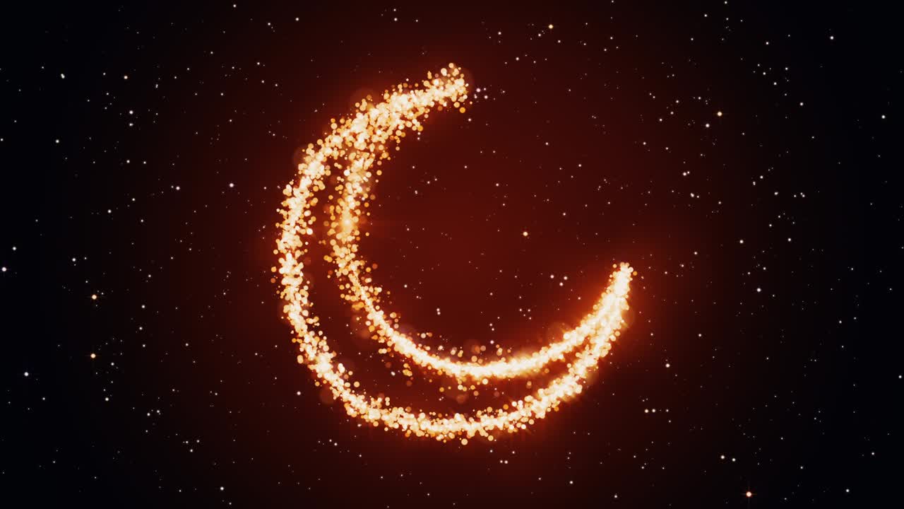 partículas de oro brillantes que crean una forma de luna creciente símbolo del hilal de ramadán