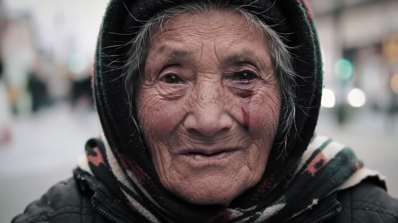 An elderly woman wearing a warm scarf sits on a busy city street. She has a genuine smile and wears a look of resilience, embodying the spirit of the bustling surroundings.
