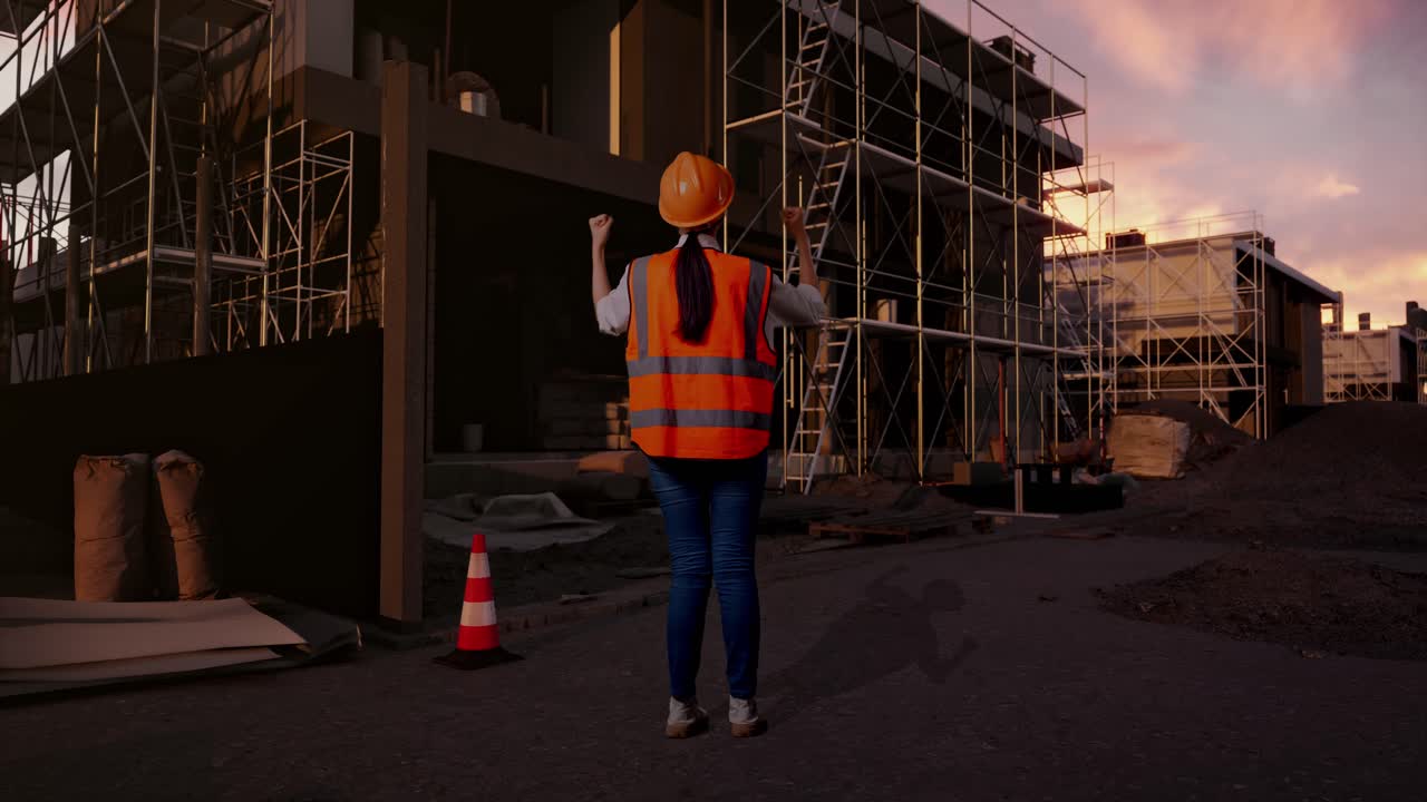 Full Body Back View Of A Female Engineer With Safety Helmet Raising Her Hands Celebrating While Working At Construction Site in Progress to New House