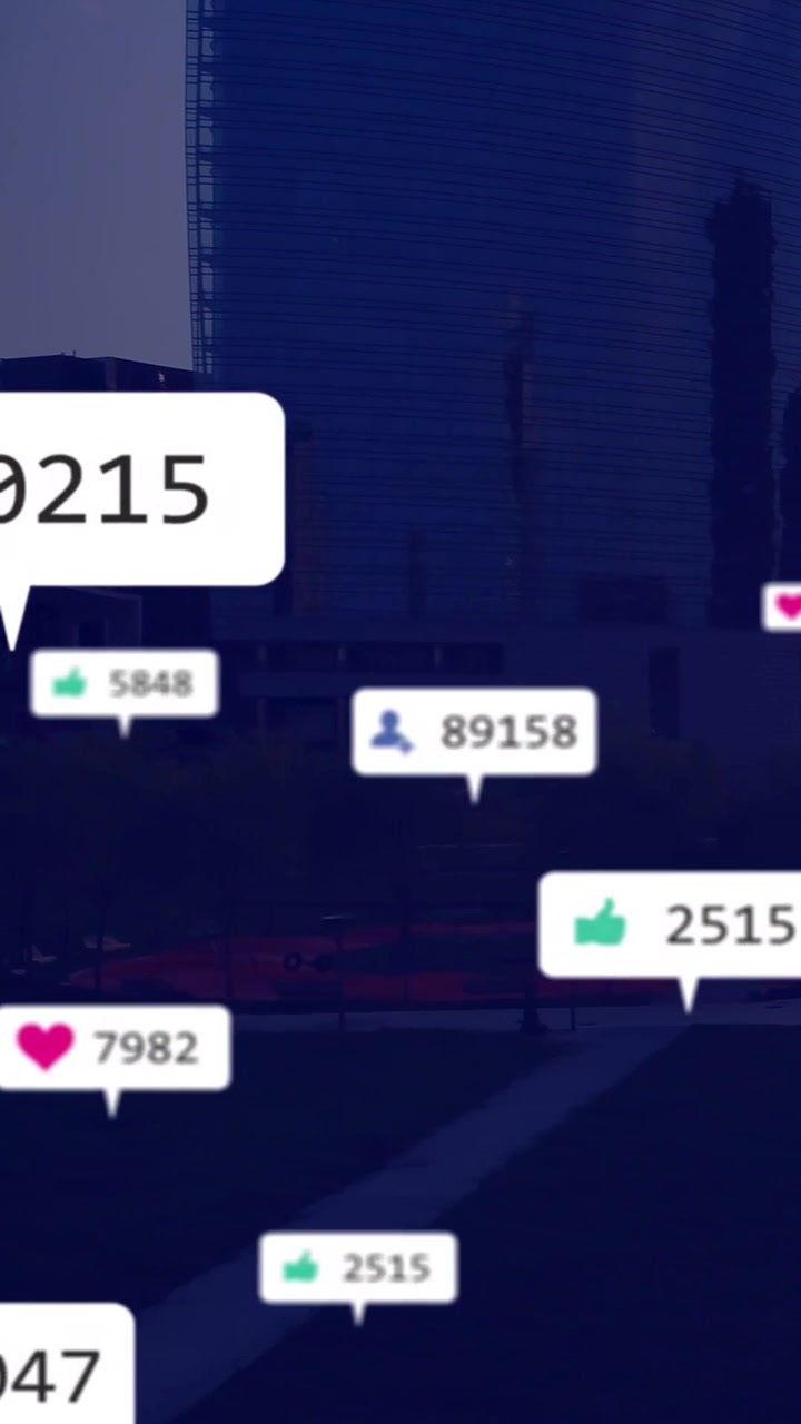 Vertical video: Social media like counters popping from feed, drifting right revealing plaza