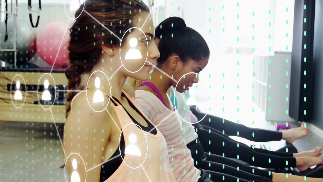 Vertical video: Five women after cue holding backbend, user icons mapping posture for fitness