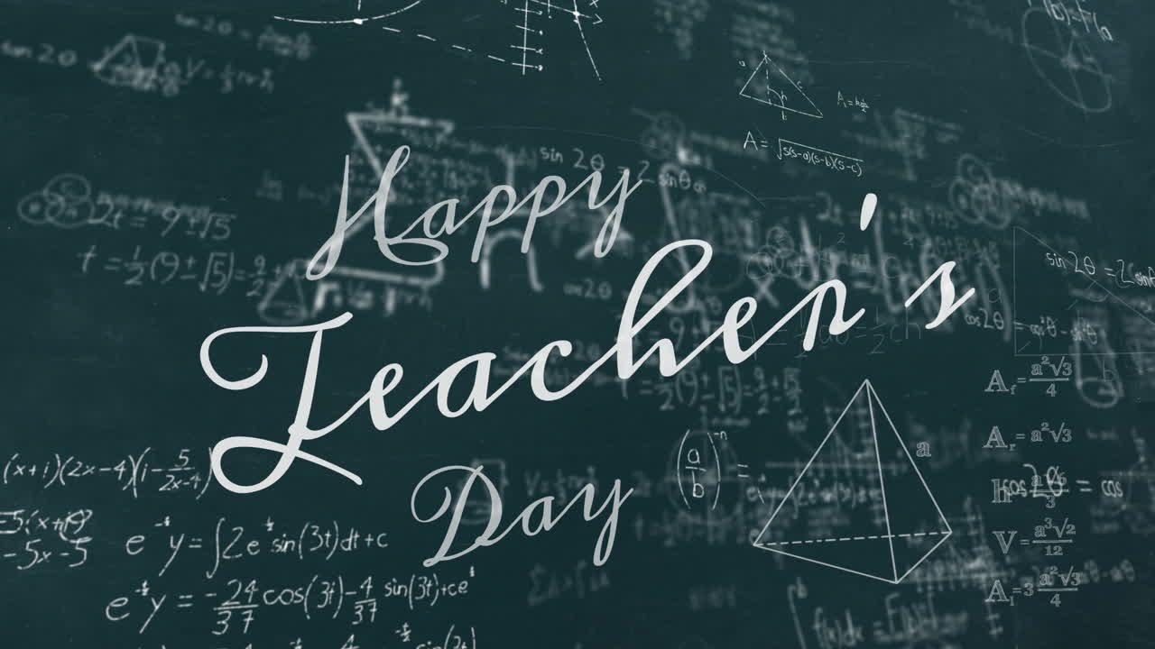 Animação de texto "Feliz Dia do Professor" sobre equações matemáticas em fundo verde