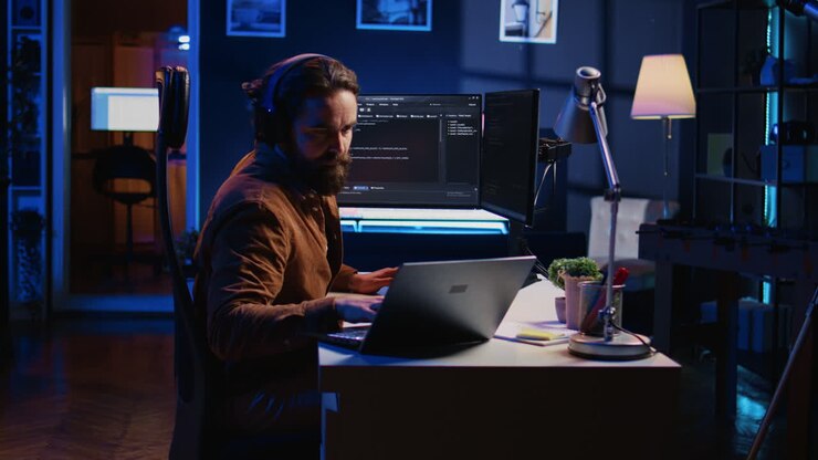 Developer typing complex code in neon lit home office, listening music