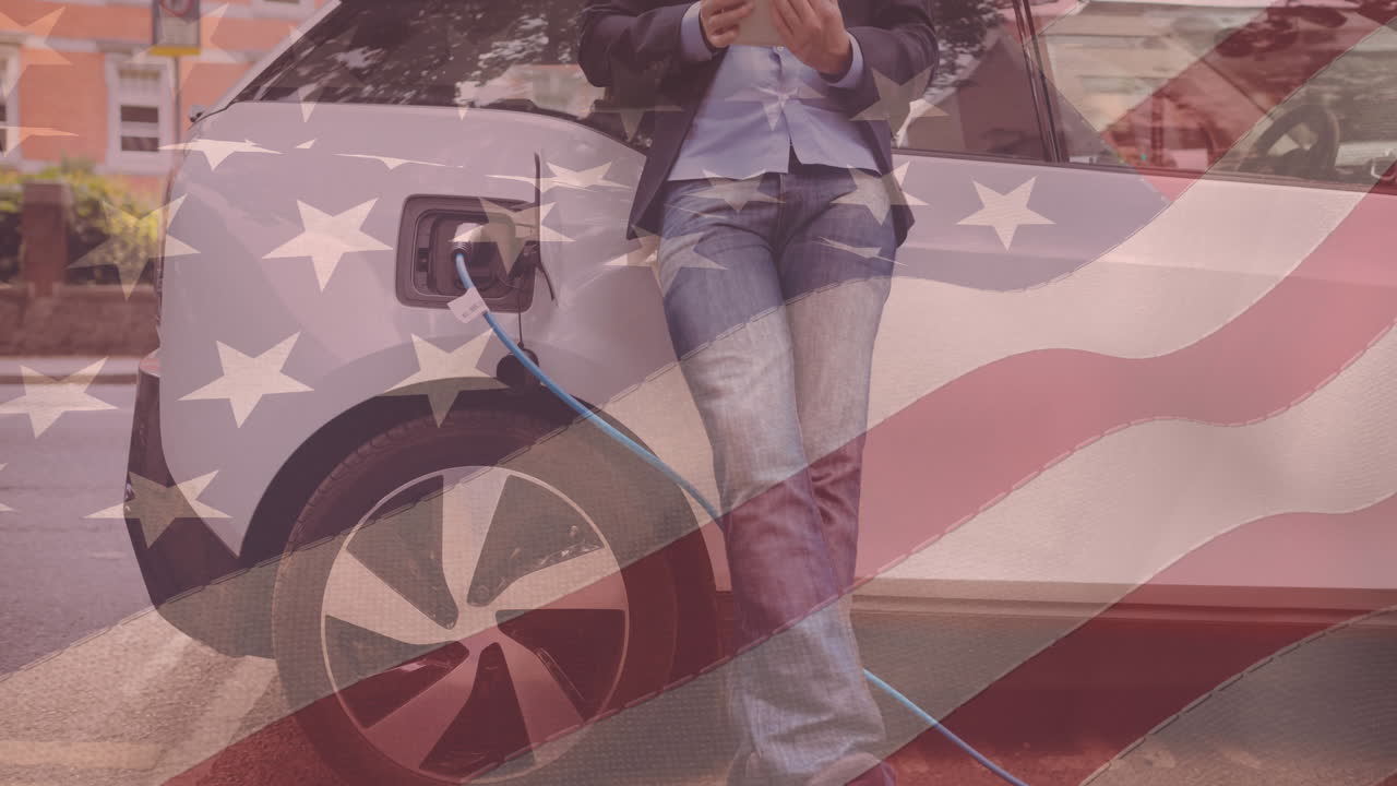 영국과 유럽 연합의  ⁇ 발이 전기 자동차를 충전하는 사람 위에