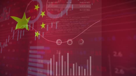 animación de datos financieros y gráficos sobre la bandera de china