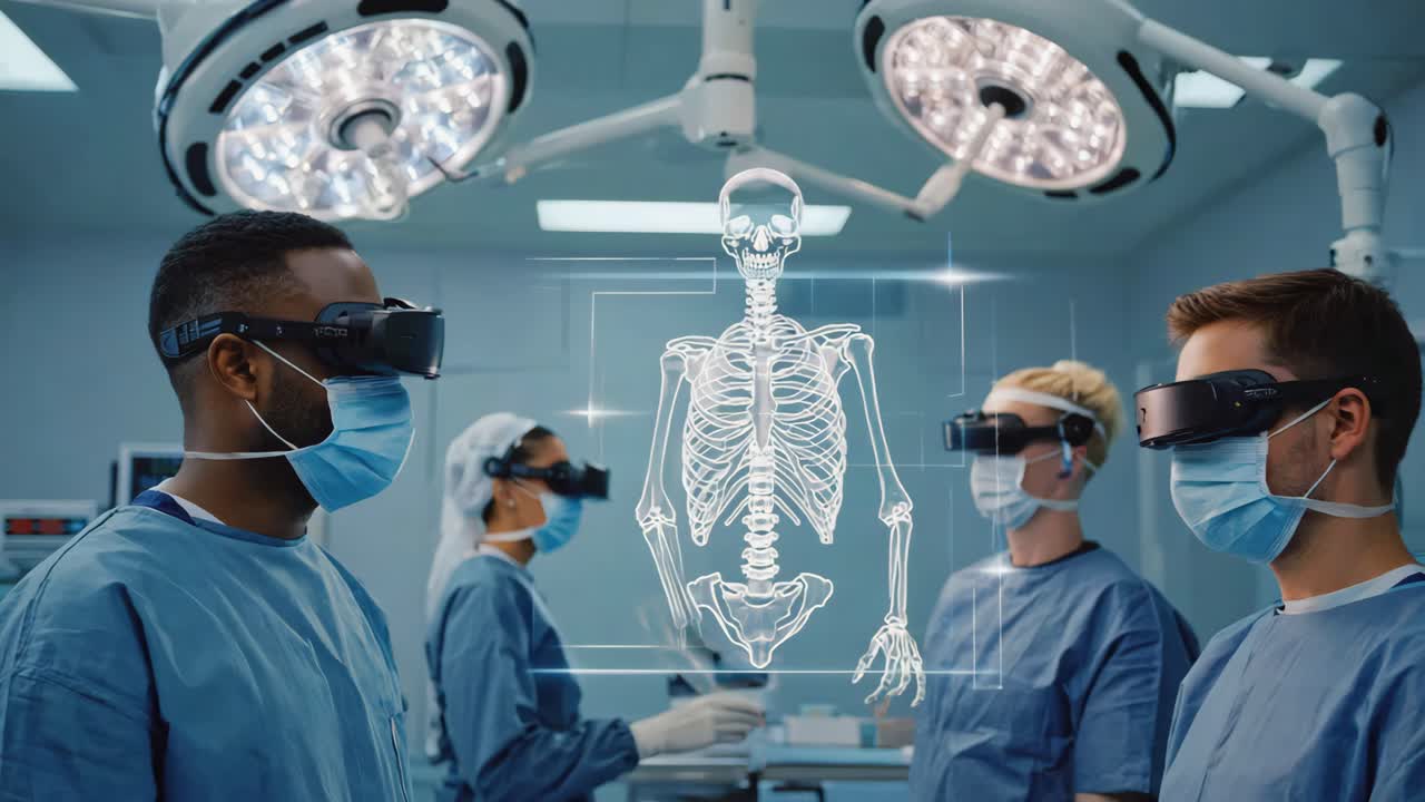 Medical Professionals Using Virtual Reality to Visualize a Skeleton in an Operating Room