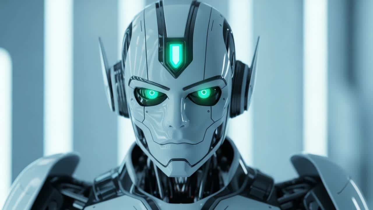 Futuristic Android with Glowing Green Eyes: A Close-Up Examination of a Highly Detailed Robot Featuring Advanced Technology and Sleek Design in a Modern Environment