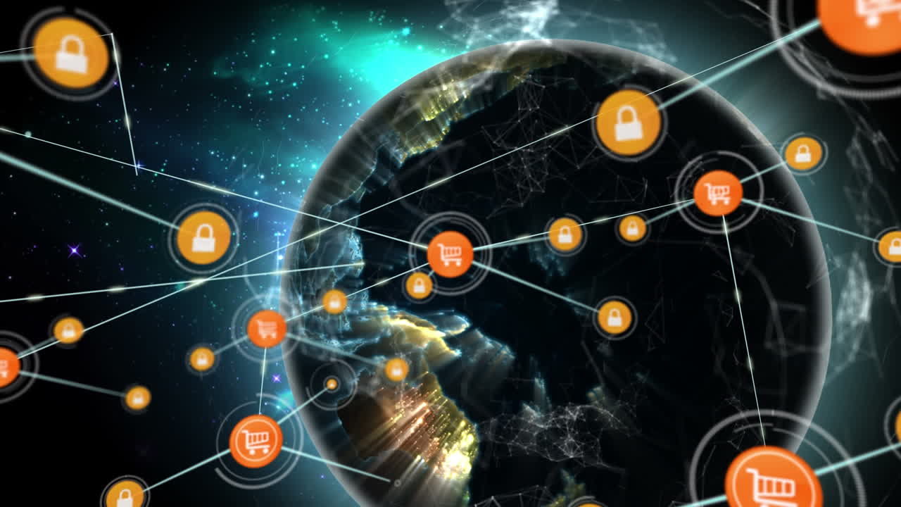 검은 바탕에 전 세계에 있는 아이콘으로 연결된 네트워크의 애니메이션