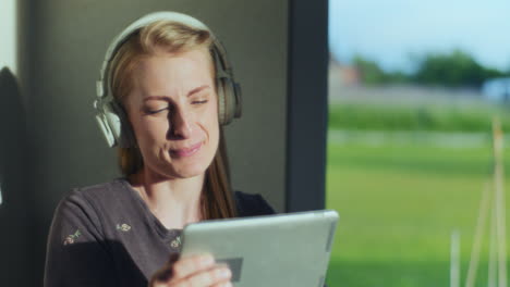 the woman is happy, listens to music, is joyful, sings and has fun