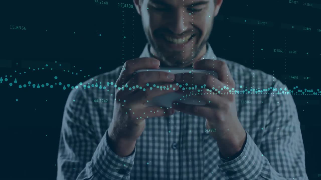 Multiple changing numbers and statistical graphs against caucasian man using smartphone