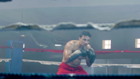 joven boxeador masculino teniendo descanso en la esquina del ring
