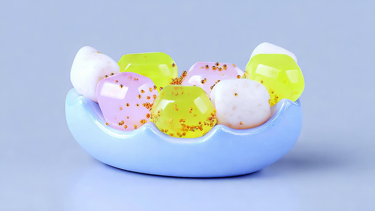 Vibrant Display of Colorful Gel Candies in a Blue Dish: A Close-Up Showcase of Sweet Delights with Textured Surfaces and Bright Hues that Tempt the Senses