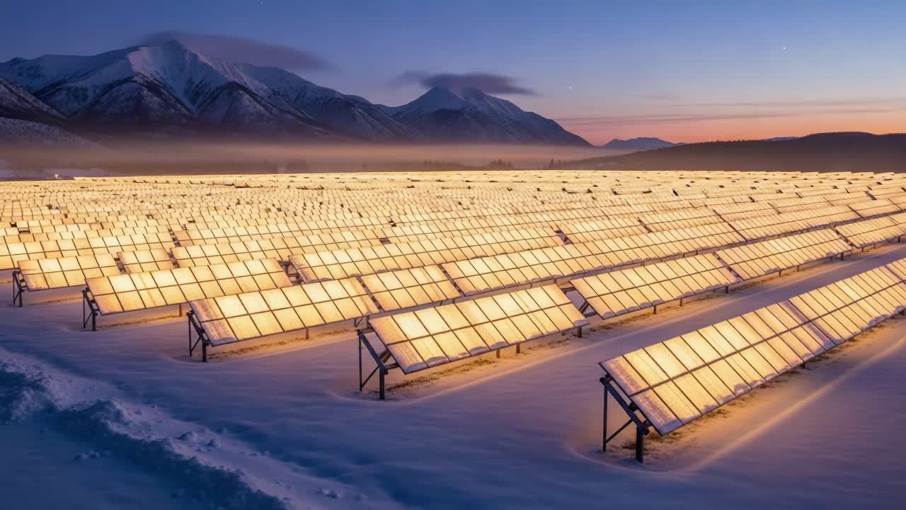 A Breathtaking Sunrise Over Snow-Covered Solar Fields, Illuminating Rows of Glimmering Panels Against a Majestic Mountain Backdrop with Early Morning Light