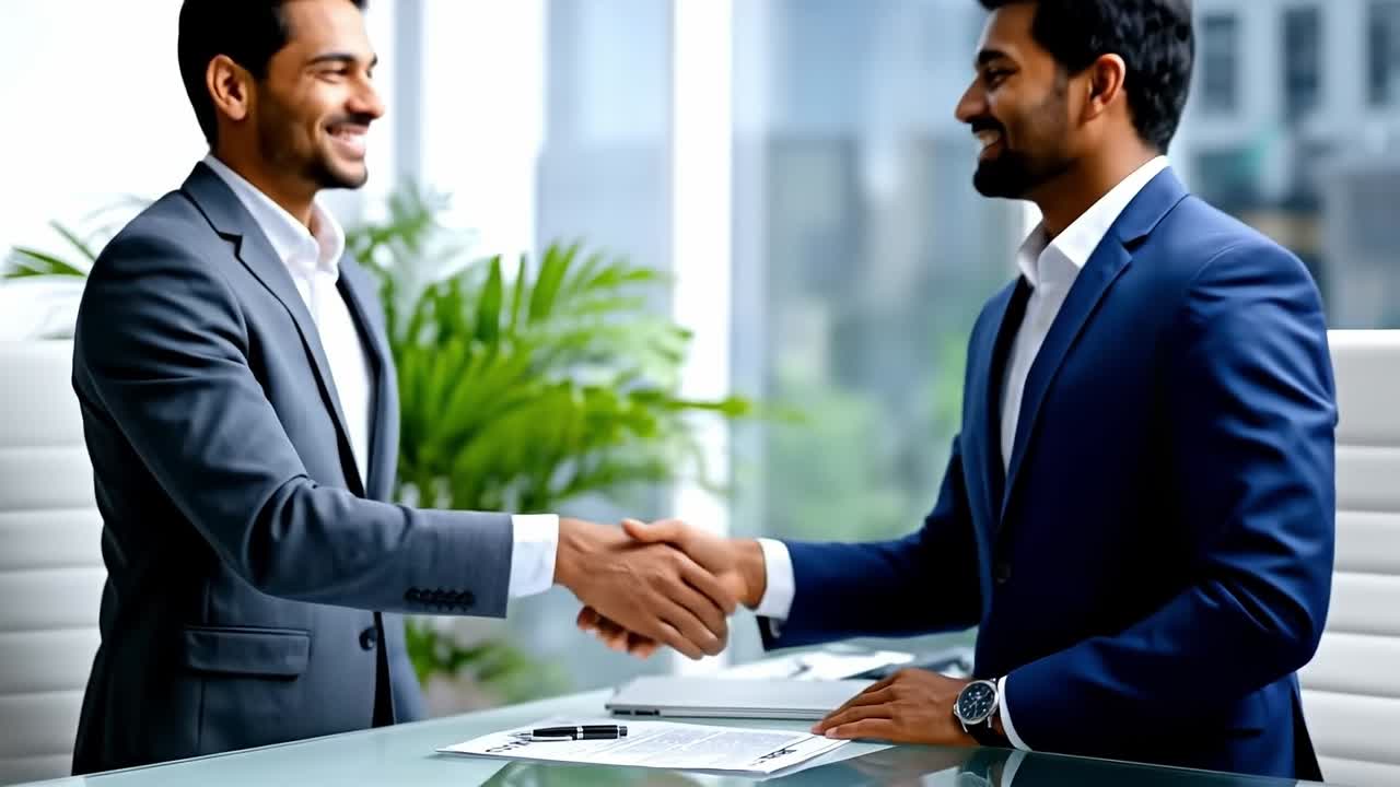 Two men shaking hands over a contract at a table