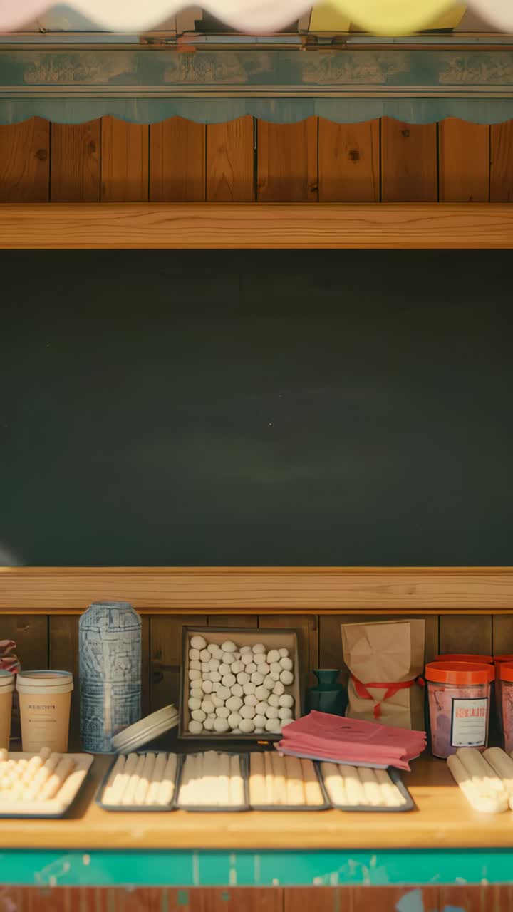 Vertical video: Camera filming wooden stall counter under blank chalkboard with assorted goods