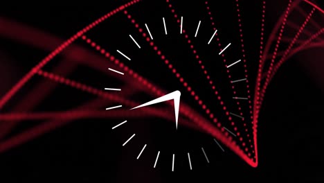 animation of clock moving over dna strand on black background