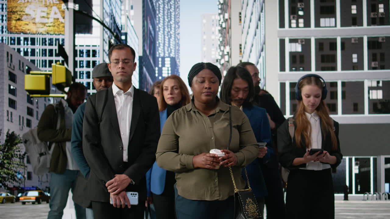 Multicultural crowd waiting for the red light at an intersection