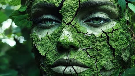 a woman with green face paint and green leaves on her face