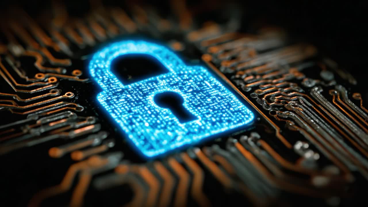 Digital Lock Symbol Illuminated on a Circuit Board, Representing Cybersecurity and Data Protection in a Technological Environment