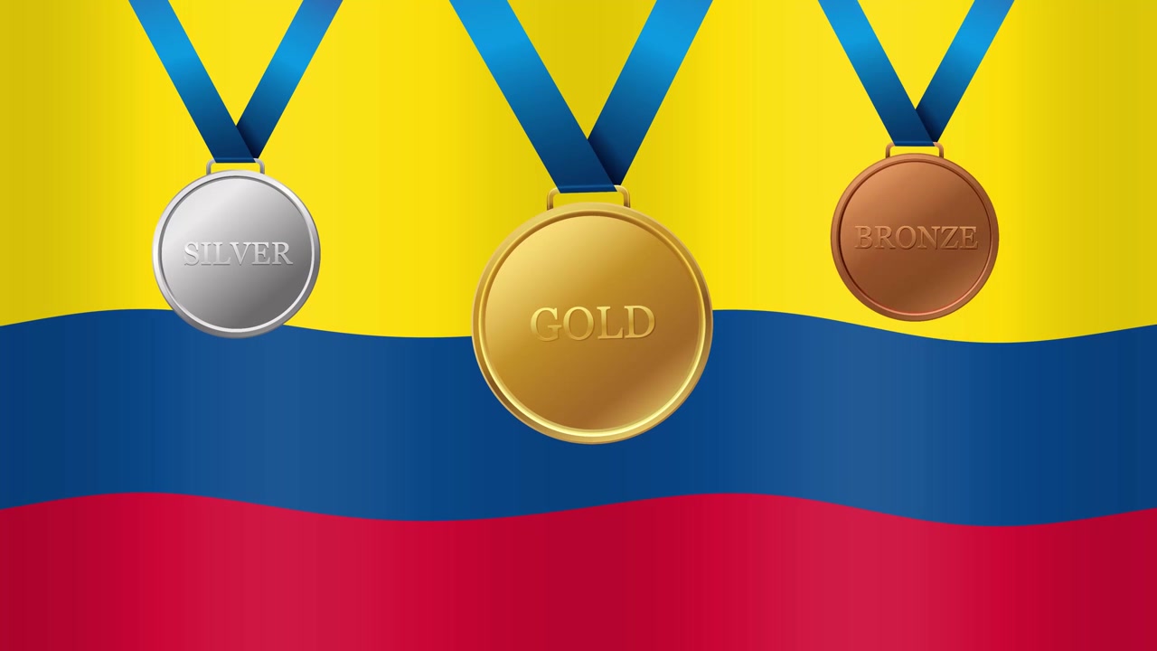Medaglie sportive animate cadono su una bandiera colombiana che sventola in un movimento continuo e senza interruzioni.