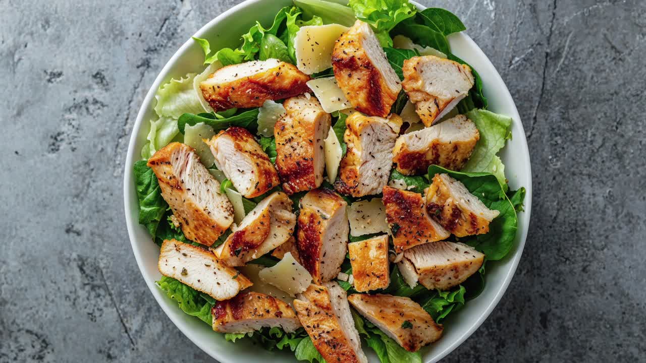 Frisk grillet kyllingsalat med parmesanost og bladgrønnsaker