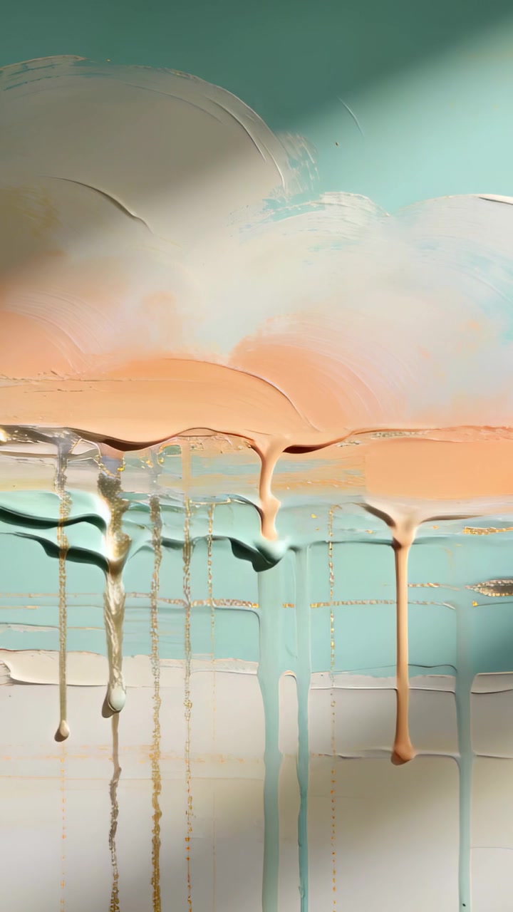 Vertical video: Gravity pulling teal and peach paint on canvas forming drips at studio with gold