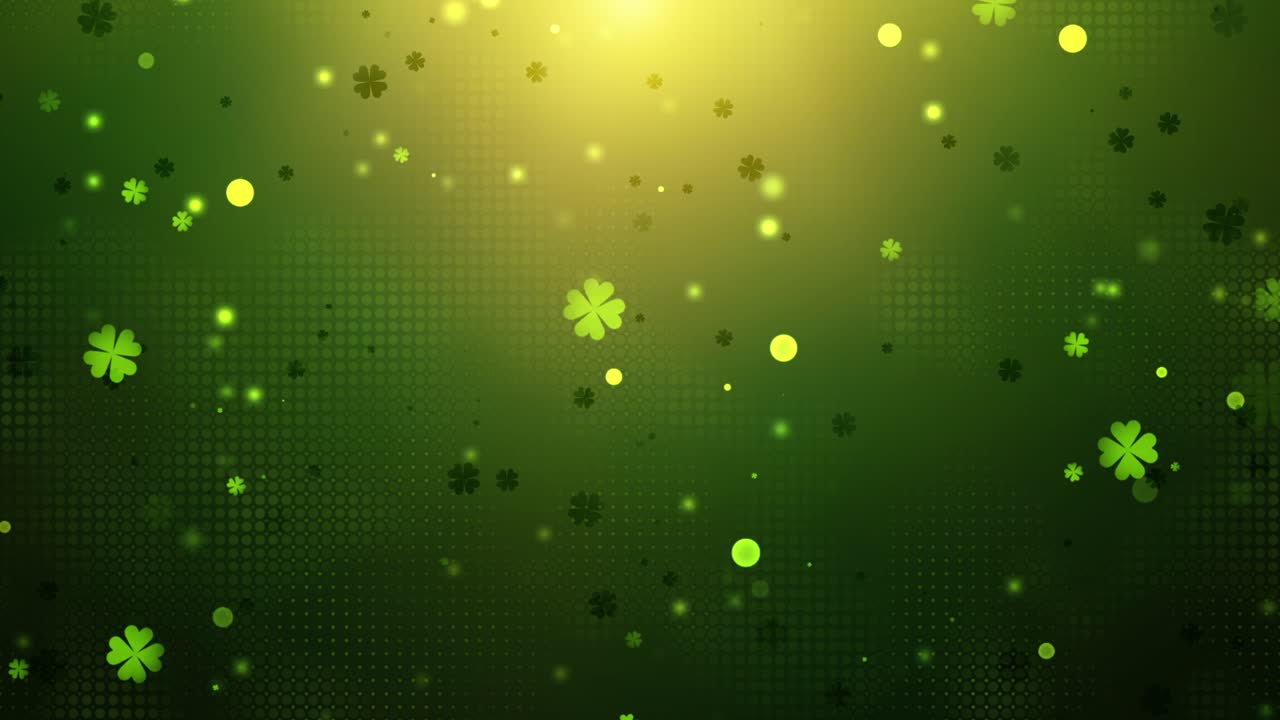 Loopable background animation featuring floating four-leaf clovers, with dynamic motion and vibrant green particles, celebrating St. Patrick's Day with a festive, cheerful atmosphere