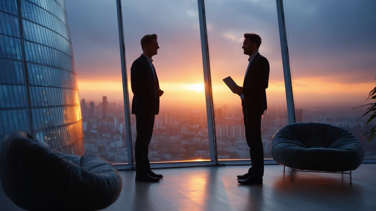 Due professionisti impegnati in una discussione con un bellissimo tramonto sullo sfondo in uno spazio ufficio moderno, che cattura l'essenza della collaborazione aziendale