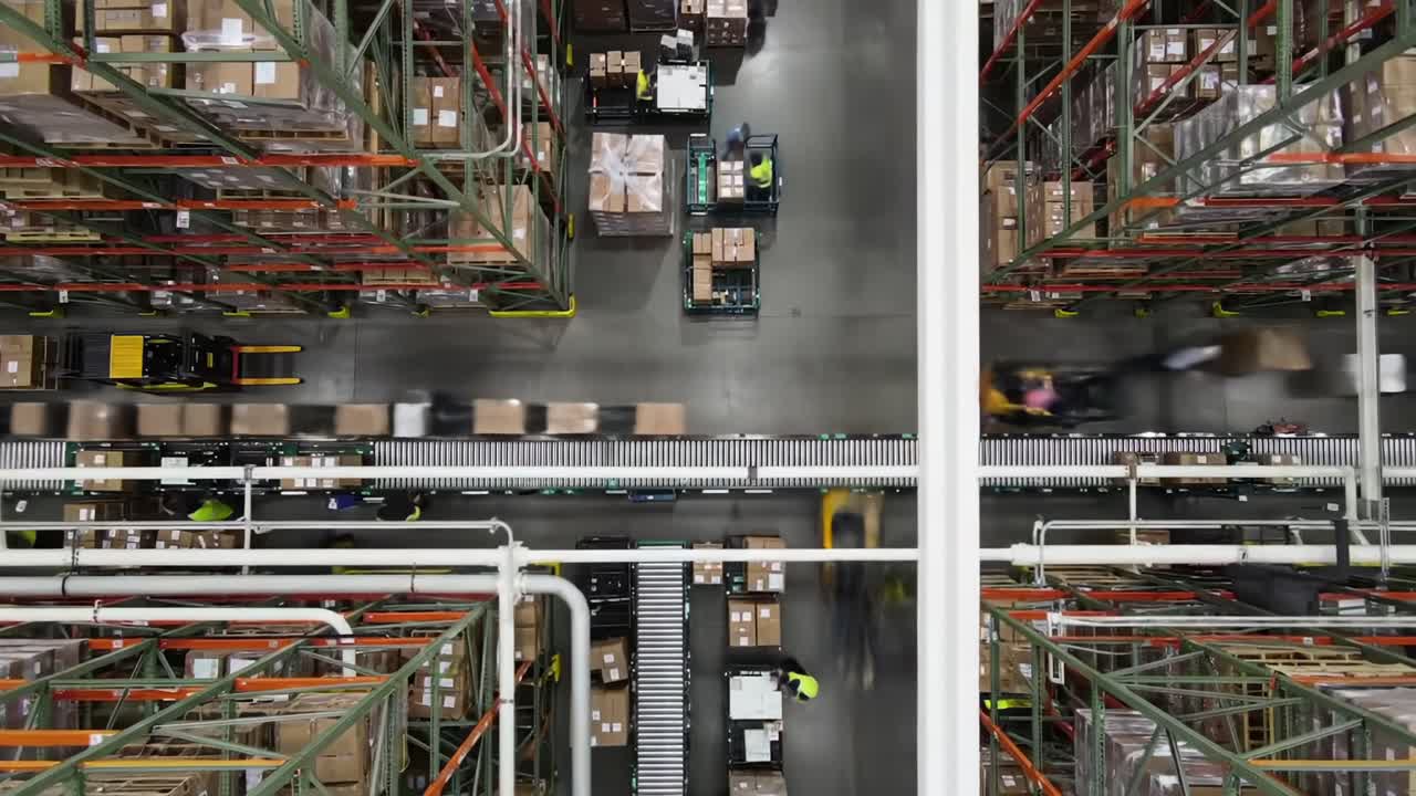 An Aerial View of an Efficient Warehouse Operations Process Featuring Storage Racks, Automated Equipment, and Workers Engaged in Tasks for Smooth Logistics Management