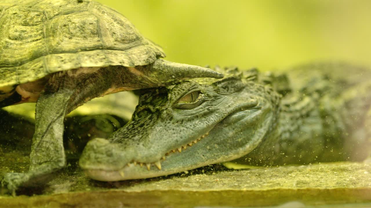 Scary crocodile resting near turtle in enclosure