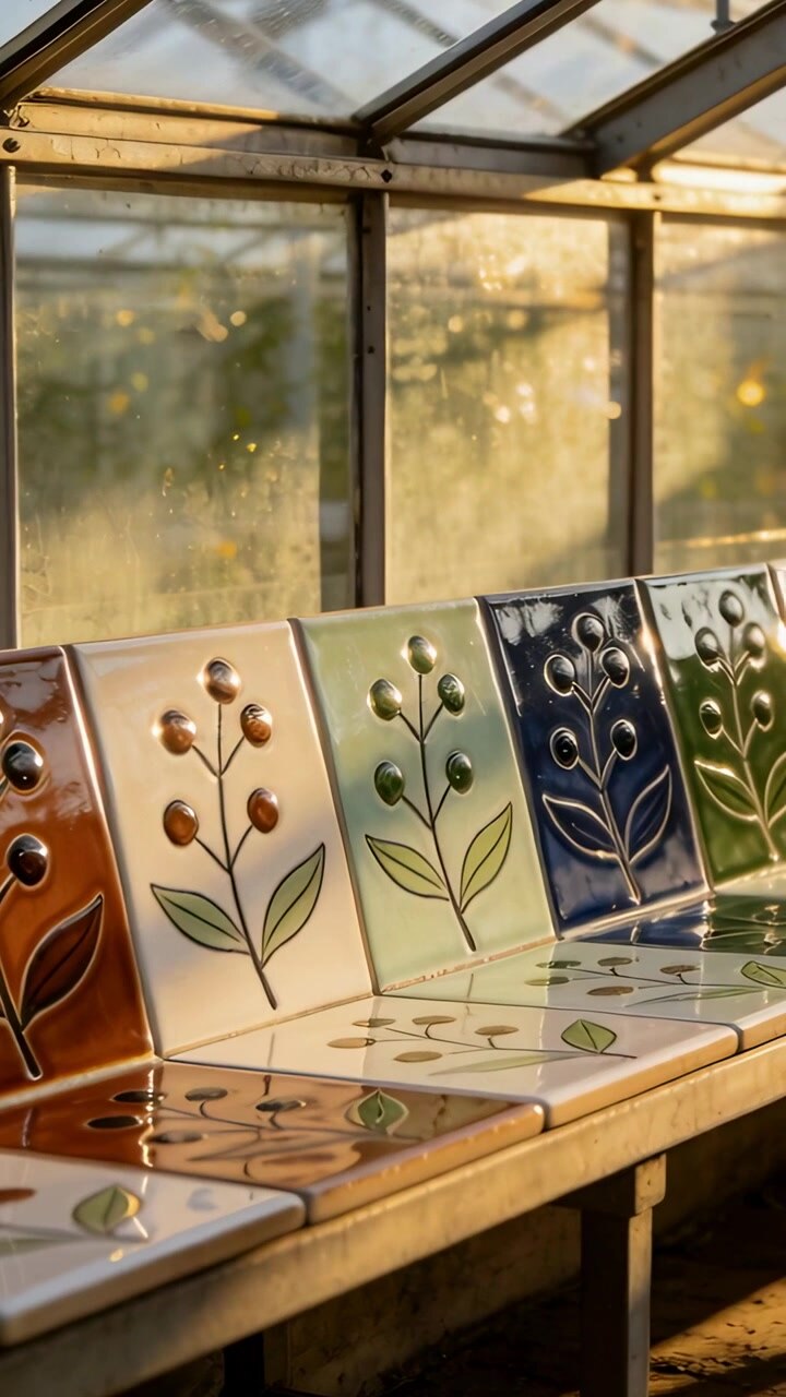 Vertical video: Shifting camera revealing glazed tile bench in greenhouse, to show right tiles