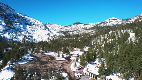 Aerial-View-of-Lake-Tahoe-Ski-Resort,-Palisades-and-Olympic-Valley-on-Sunny-Winter-Day,-California-USA