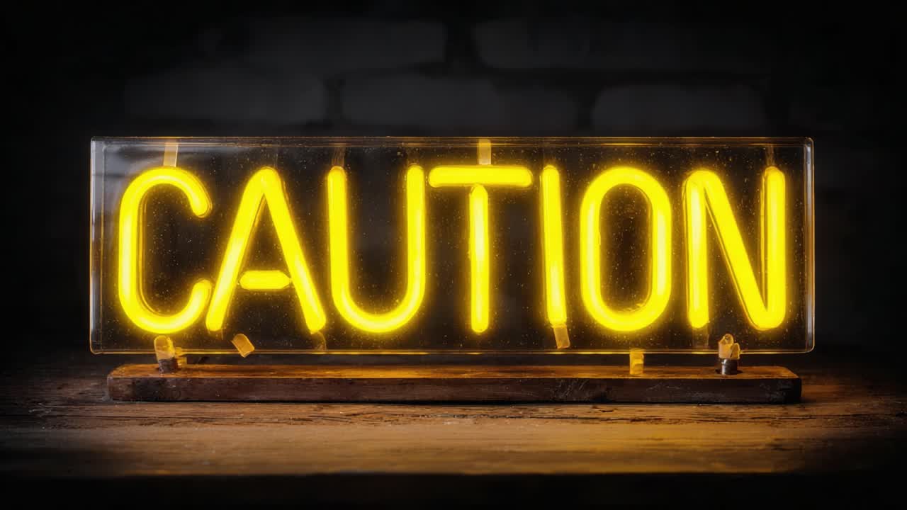 Bright Yellow Neon Sign Displaying the Word 'Caution' in Bold Letters, Illuminating the Surroundings with a Warning Glow, Perfect for Safety and Awareness